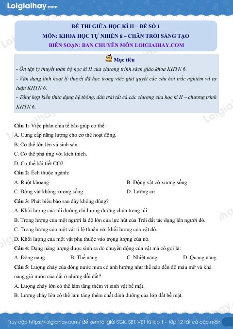 Đề thi giữa kì 2 KHTN 6 Chân trời sáng tạo - Đề số 1